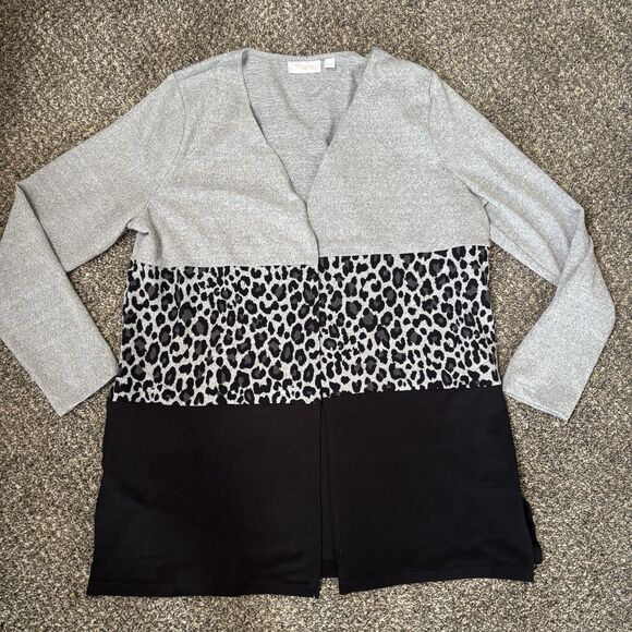 Belle Kim Gravel Sweaters - Belle By Kim Gravel. Black And Gray Leopard Print Mid Length Cardigan. Size L
